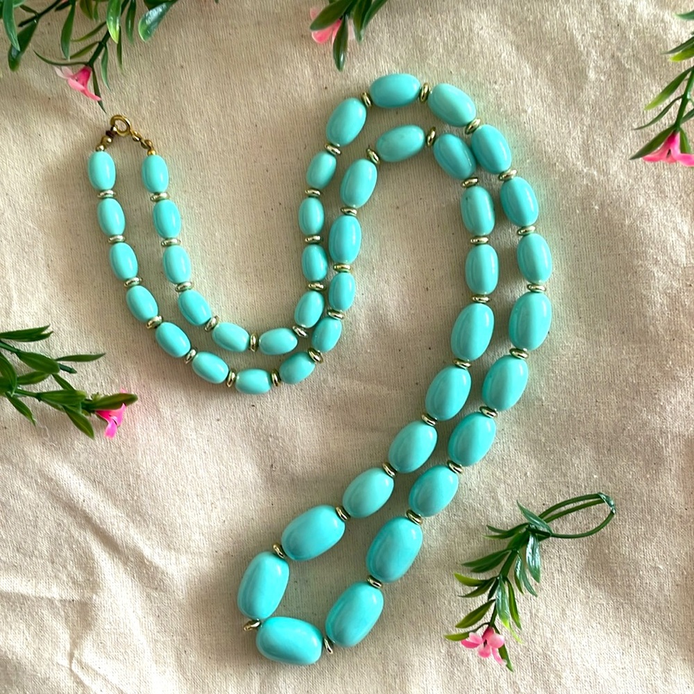 Vintage Hand Knotted Turquoise Bead Strand Necklace 32” Long